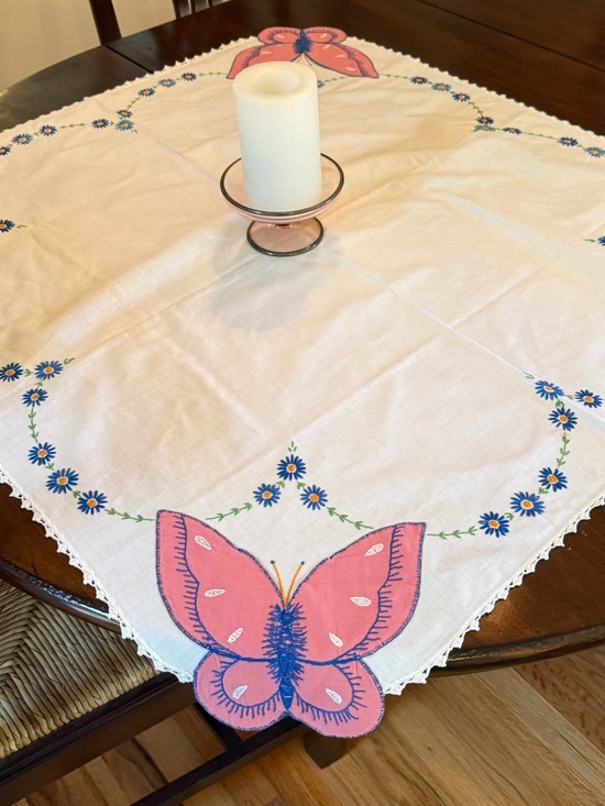 Other - Vintage Table cloth Hand-Embroidered Pink Butterfly Linen